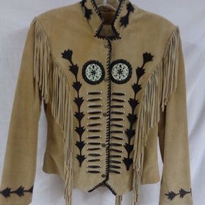 WOMEN'S VINTAGE 3B WEST by Tansmith BEADED LONG FRINGED LEATHER JACKET LINED M